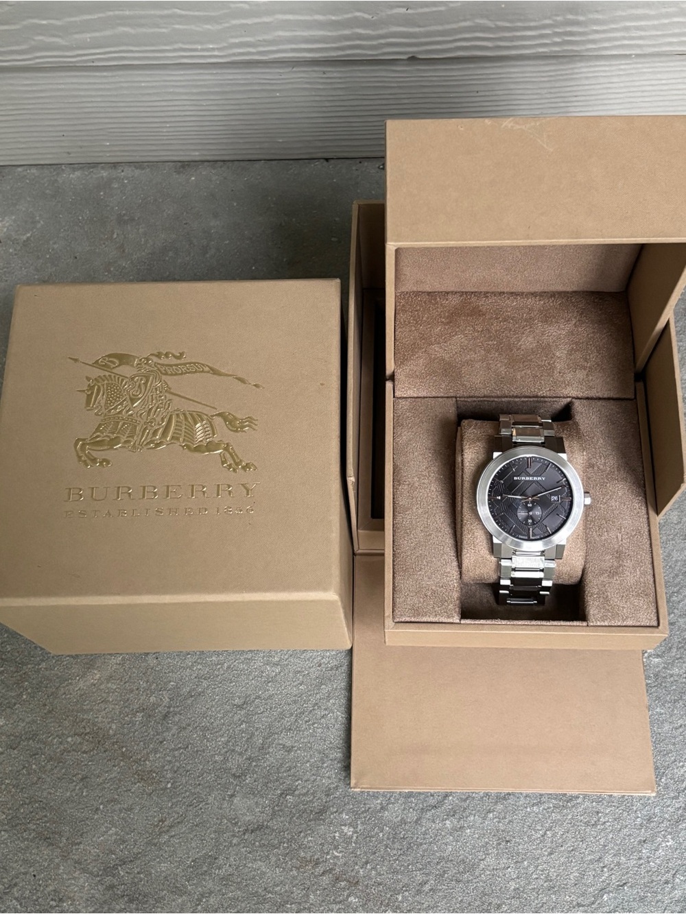 Burberry Silver Black Dial Heritage Watch, Like New with Box
